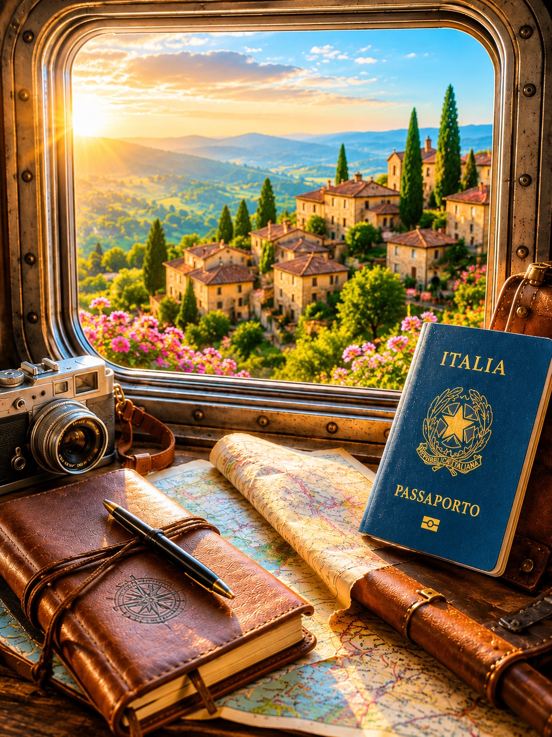 A Tuscan hillside village at sunset seen through a train window, with an Italian passport and a folded map on the sill