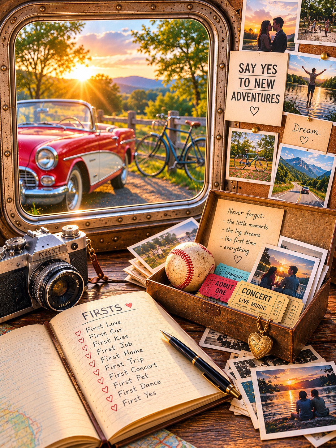 An open notebook headed FIRSTS beside a vintage camera, a baseball and scattered photographs at golden hour