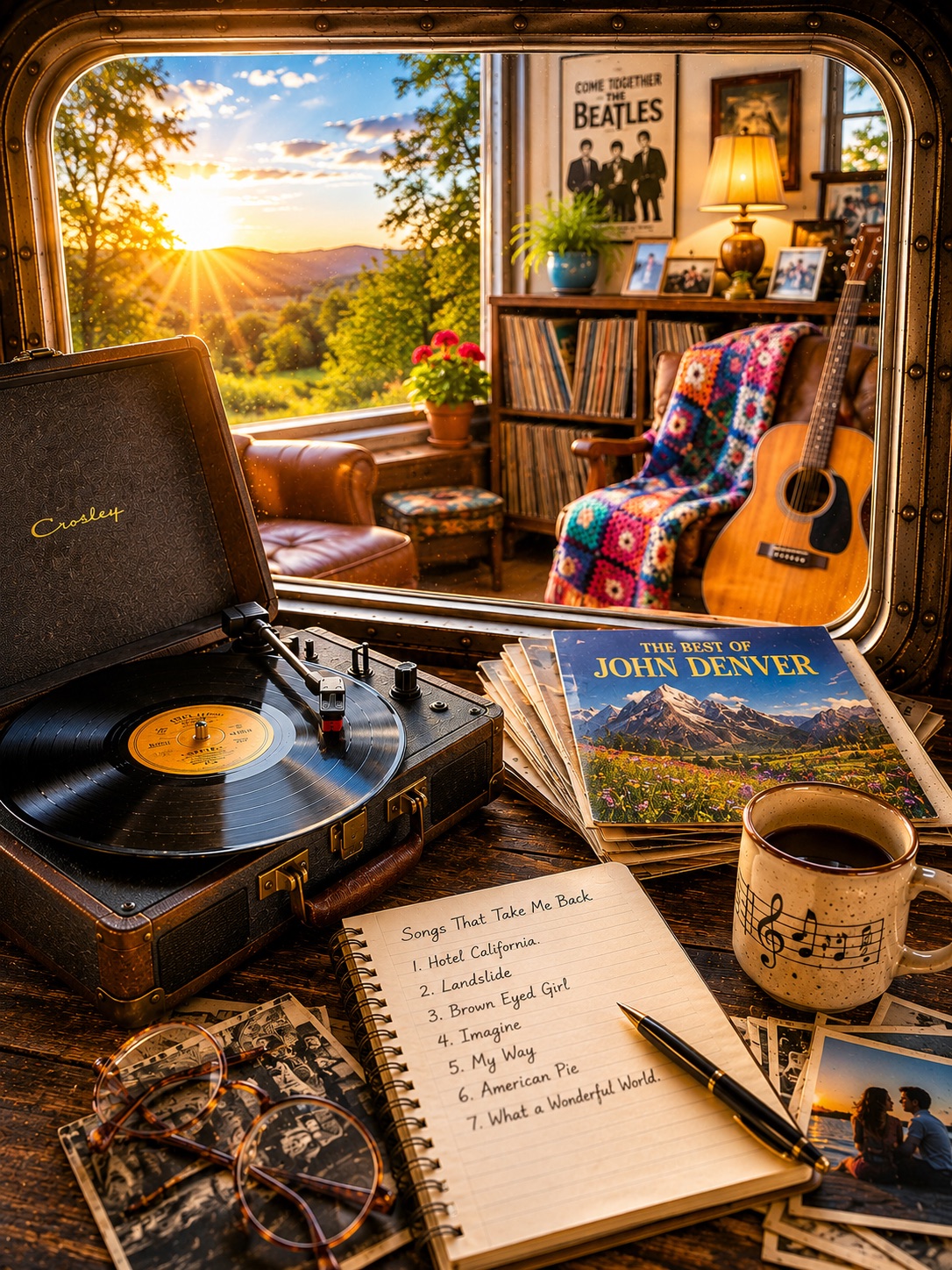 A record player and vinyl beside an acoustic guitar in a sunlit room, with a handwritten setlist and a mug of coffee