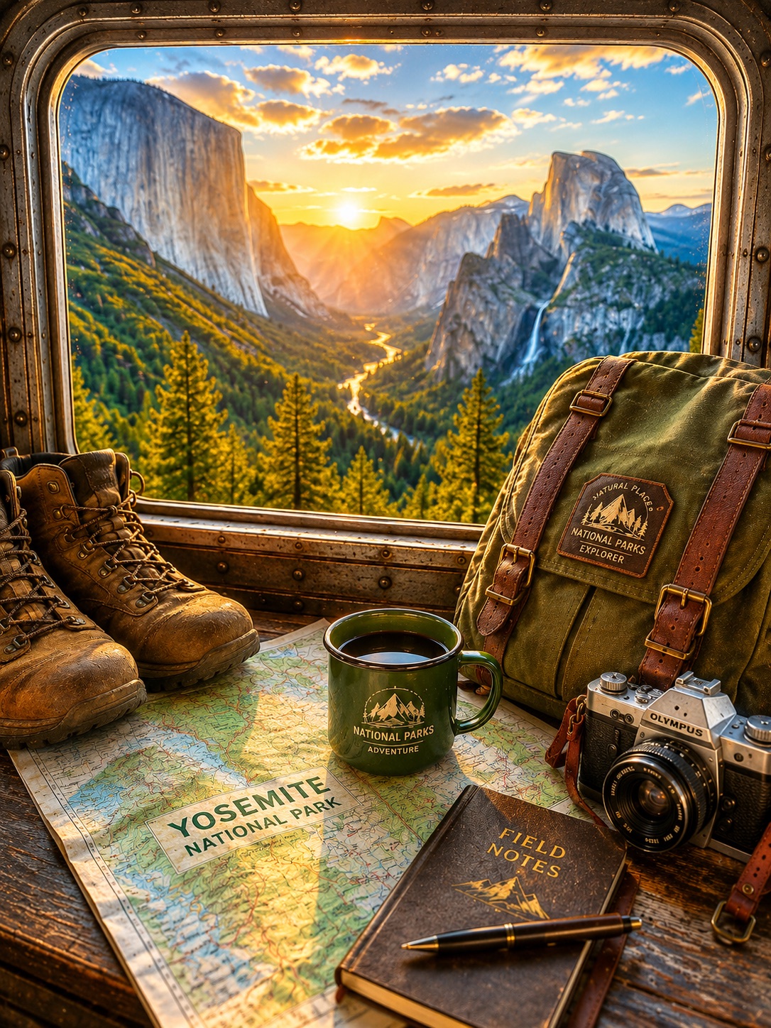 Yosemite Valley at sunrise through a cabin window, with hiking boots, a canvas backpack and a national park map