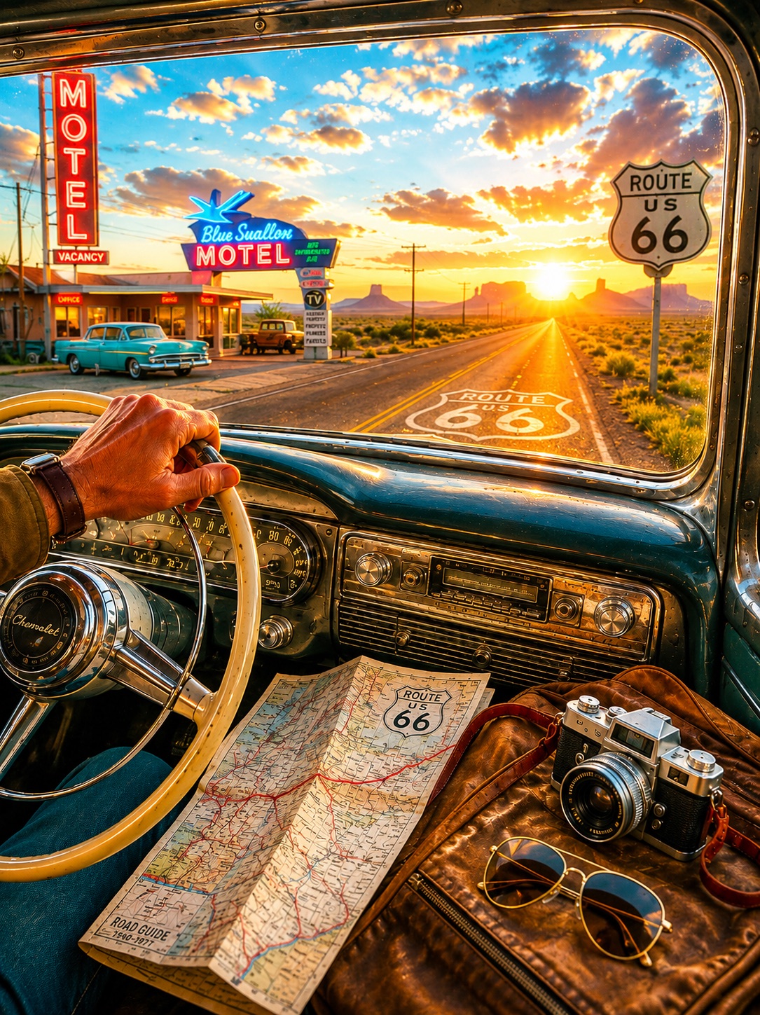 A neon motel sign and open desert highway at sunset seen from a classic car, with a Route 66 map on the passenger seat