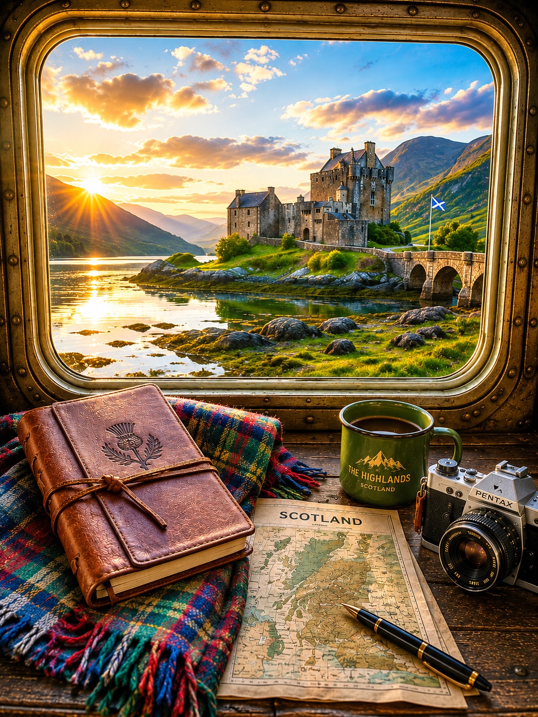 A Highland castle on a loch at golden hour, with a leather journal, tartan scarf and enamel mug on the windowsill