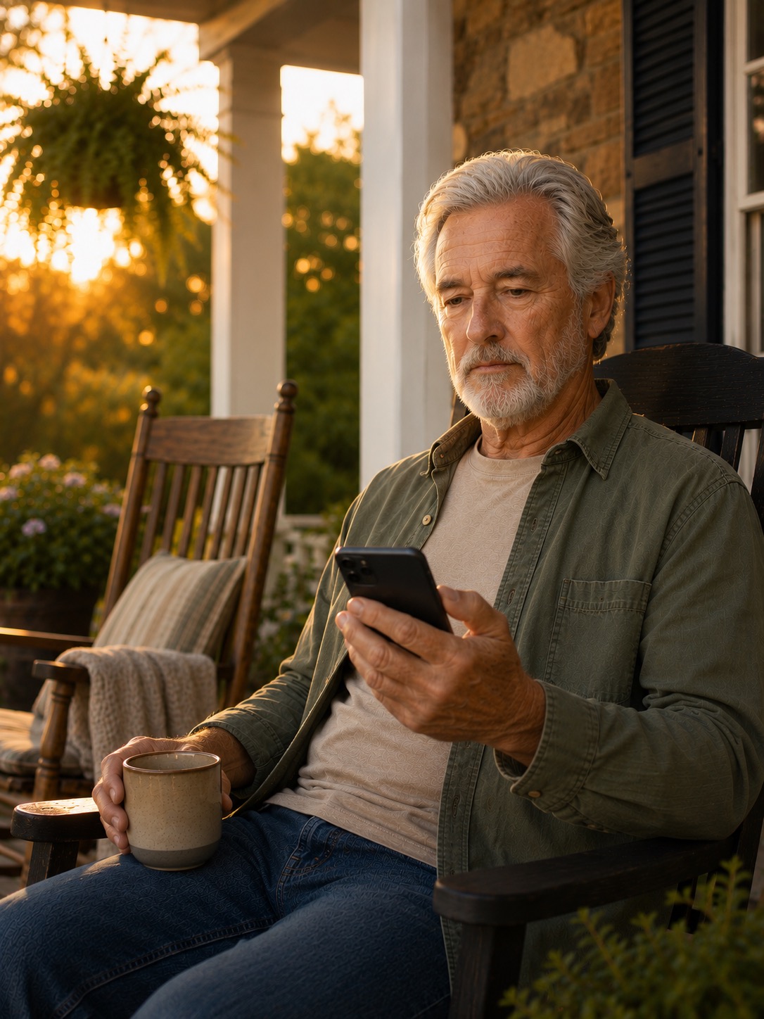 Man sitting alone on a porch at golden hour